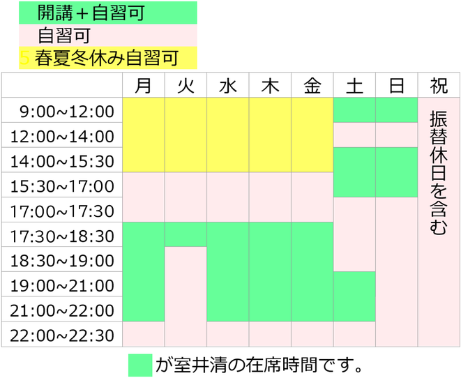 営業時間は９時から22時30分まで。土曜日、日曜日、祝日も営業。