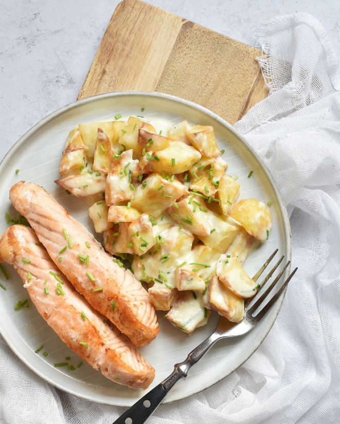 Kartoffeln in Schnittlauch-Senf-Soße mit Lachs oder Spiegelei, Thermomix, Airfryer