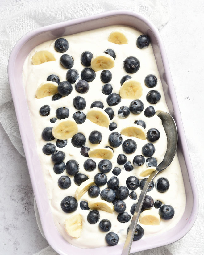 Blaubeer Bananen Quark-Sahne-Dessert, Dessertcreme Banane Heidelbeer, Thermomix