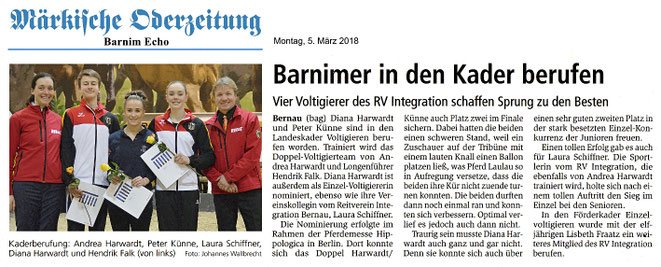 Kaderberufung der Voltigierer des RVI, erschienen am 05.03.2018 in der MOZ