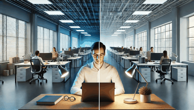Vergleich von schlechter und optimaler Bürobeleuchtung – Einfluss von LED-Licht auf Produktivität und Wohlbefinden