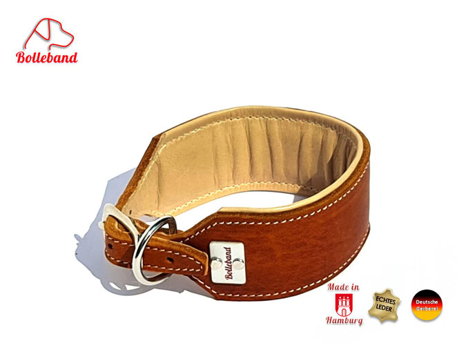 Windhundhalsband 4,5 cm breit Leder in cognac und cremefarbenen Futterleder gepolstert Edelstahlverschluß