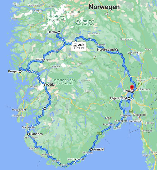 Beste Route durch Südnorwegen
