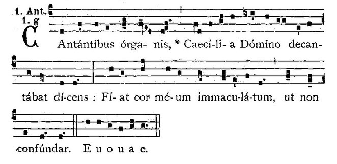 Mientras cantaban los coros, Cecilia rogaba al Señor:Consérvame el corazón limpio, y que no se confunda. (euouae=seculorum amen)