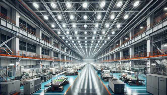 Industrielle Produktionshalle mit energieeffizienter LED-Beleuchtung. LED-Hallenstrahler sorgen für gleichmäßige Beleuchtung und verbessern die Energieeffizienz im Betrieb.