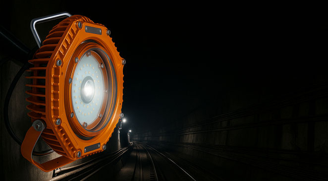 Explosionsgeschützte ATEX LED-Leuchte installiert in einer U-Bahn-Tunnelanlage – optimale Ausleuchtung bei maximaler Sicherheit.