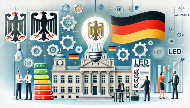 Fördermöglichkeiten und staatliche Zuschüsse für die Umstellung auf LED-Beleuchtung in Deutschland. Visualisierung von finanzieller Unterstützung für Unternehmen, die auf energieeffiziente Beleuchtung umsteigen.