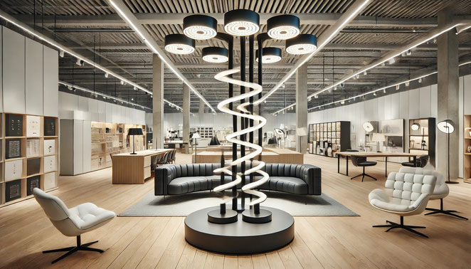Hochwertige LED-Schienenstrahler in einer Ausstellung oder einem Ladengeschäft. Effiziente 3-Phasen-Stromschienenbeleuchtung für gezielte Produkt- und Raumbeleuchtung.