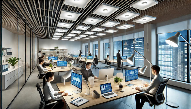 Energieeffiziente LED-Lösungen für Büros: LED-Panels, Schreibtischlampen, Schienenstrahler und indirekte Beleuchtung für optimale Arbeitsbedingungen.
