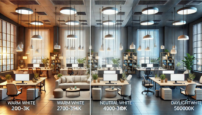 Vergleich von Lichtfarben im Büro: Warmweiß für Entspannung, Neutralweiß für Produktivität, Tageslichtweiß für Präzision