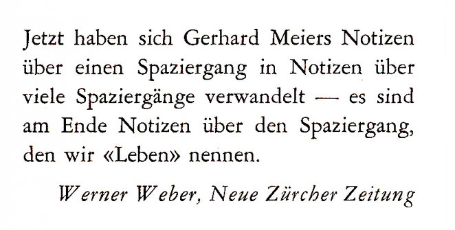 Pedro Meier Archiv – Zitat zu Gerhard Meier von Werner Weber, Neue Zürcher Zeitung 1969 » – es sind am Ende Notizen über den Spaziergang, den wir „Leben“ nennen.« Zu: »Kübelpalmen träumen von Oasen«, Kandelaber Egon Ammann – Pedro Meier Multimedia Artist