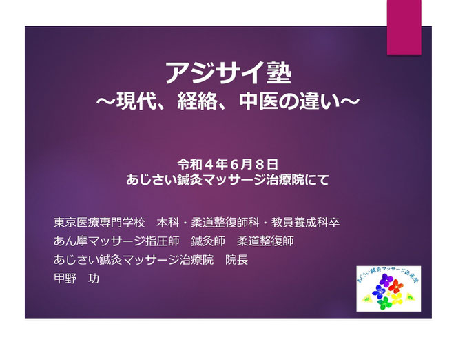 あじさい鍼灸マッサージ治療院　アジサイ塾スライド表紙　現代、経絡、中医の違い