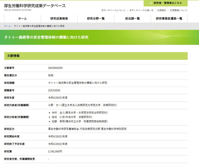 厚生労働科学研究成果データベースより　タトゥー施術等の安全管理体制の構築に向けた研究