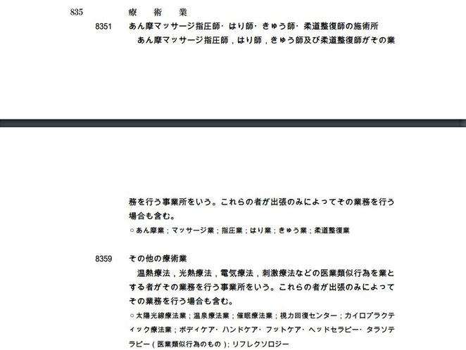 日本標準産業分類の８３５療術業の説明