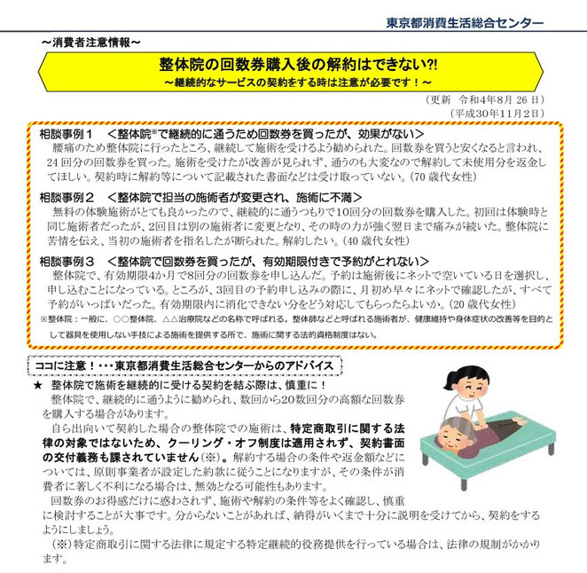 東京都消費生活総合センター　整体院の回数券購入後の解約はできない？！