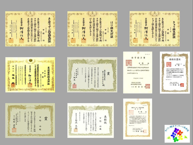 あじさい鍼灸マッサージ治療院　免許等一覧
