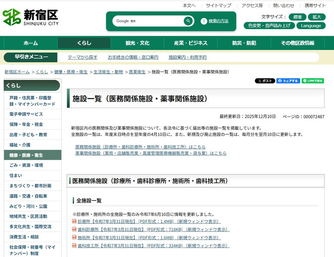 新宿区ホームページより　施設一覧（医務関係施設・薬事関係施設）