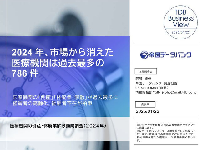 帝国データバンクレポート　2024年、市場から消えた医療機関は過去最多の786件　より