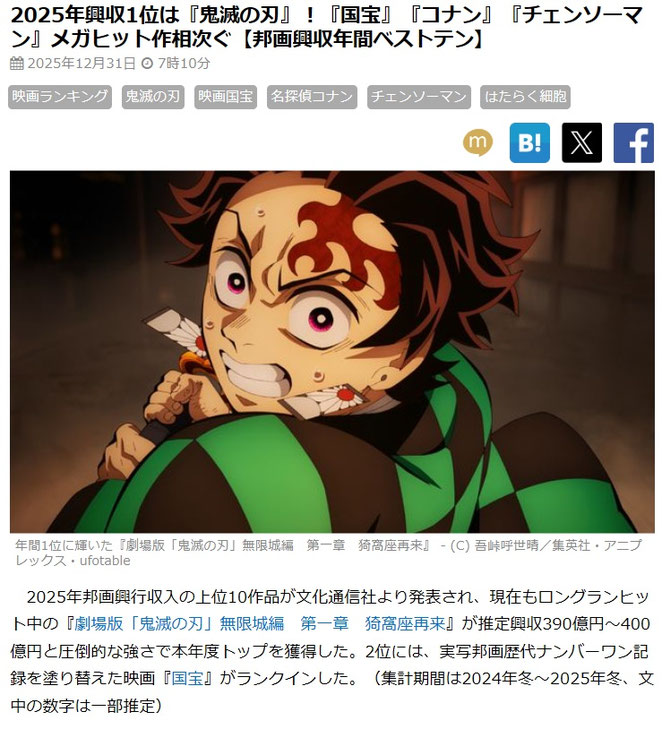シネマトゥデイ 2025年興収1位は『鬼滅の刃』!『国宝』『コナン』『チェンソーマン』メガヒット作相次ぐ【邦画興収年間ベストテン】 より