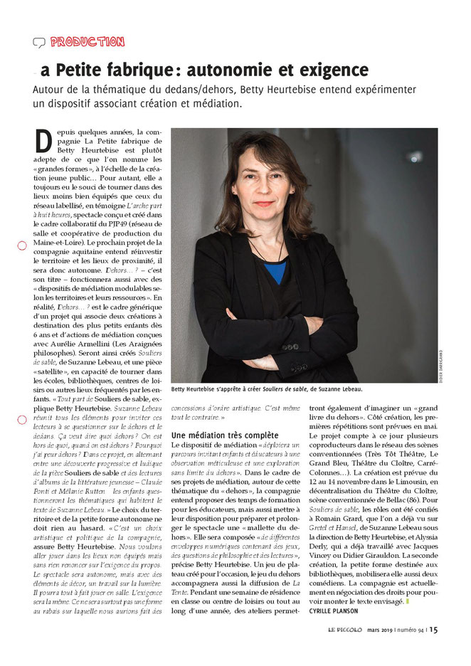 Scan d'un article de presse sur Betty Heurtebise paru dans le magazine spécialisé en théâtre jeune public Le Piccolo en mars 2019
