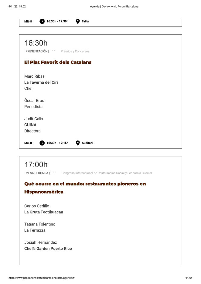 Programa Agenda Gastronomic Forum Barcelona