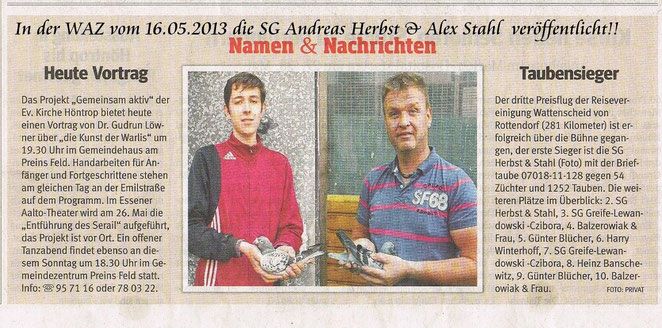 am, 16.05.2013.in WAZ. BOWATT-Lokales.