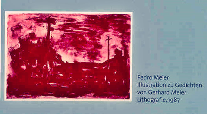 Pedro Meier in Katalog Jubiläumsausstellung 20 Jahre Kunsthaus Grenchen - Solothurner Druckgrafik 2004. Texte: Toni Brechbühl, Gerald Lechner, Hannes Luterbach, Pia Zeugin – Pedro Meier Multimedia Artist/ProLitteris Zürich Visual Art – Atelier: Niederbipp