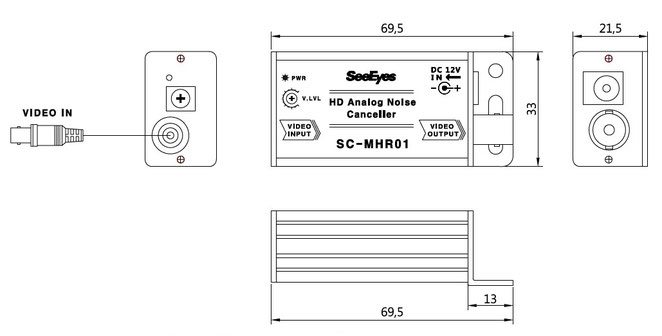 AHD/HD-TVI/CVI/CVBS対応電位差ノイズ除去装置 SC-MHR01 - 寸法図