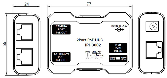 PoE+ 2ポート 小型 延長器 IPH3002 寸法図