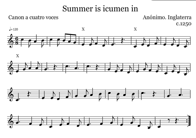 Sumer is icumen in (En Do). Cuando una voz llega a la cruz, entra la otra voz al principio del canon.