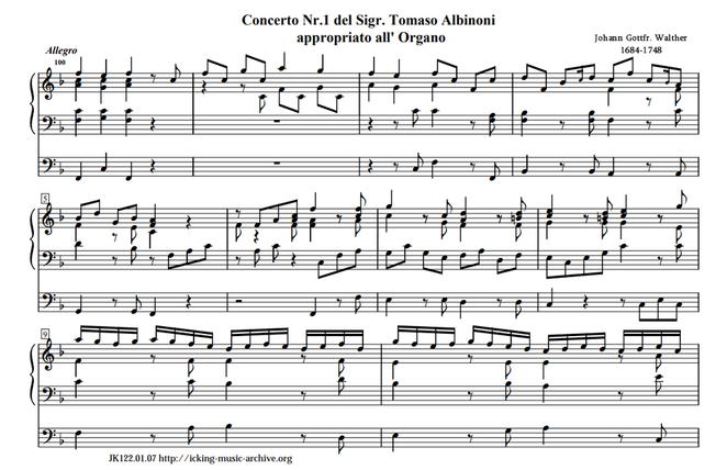 Beginning of the Concerto by Albinoni, transcribed for organ by Johann Gottfried Walther (1684 - 1748)
