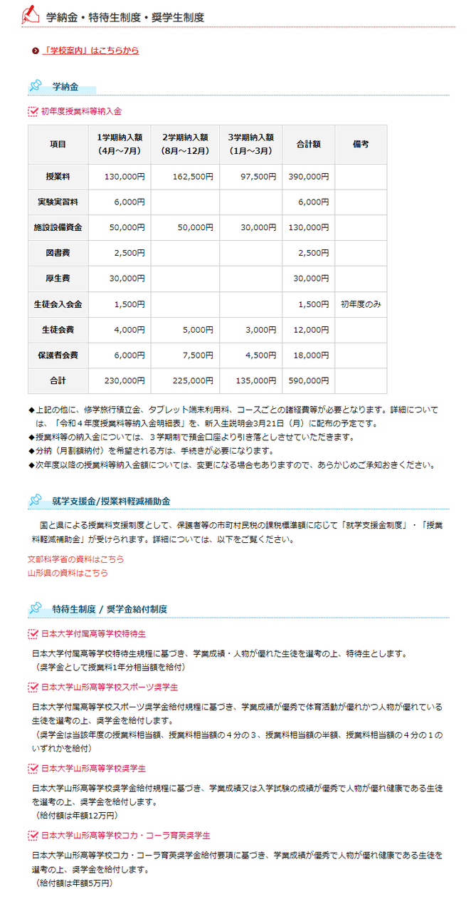 日本大学山形高校,日大山形,学納金,特待生制度,奨学生制度