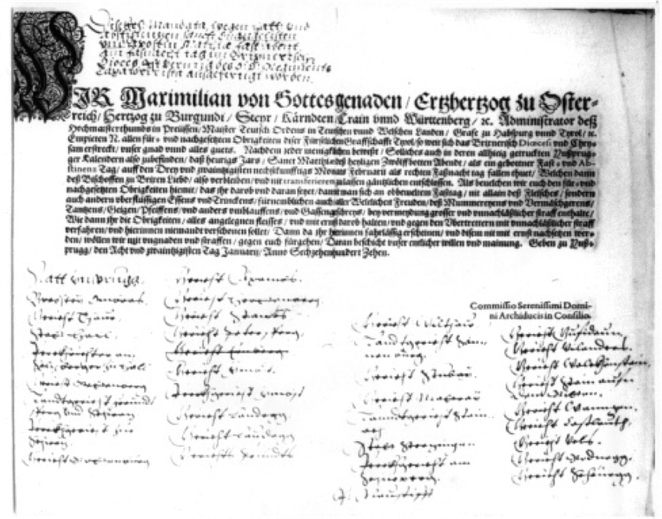 Dokument aus dem Jahr 1610, in dem die Mullerei in Thaur verboten wird