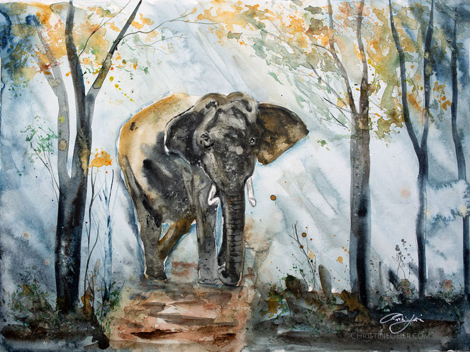Elefant, elephant, Aquarell, Kunstwerk, Original, Gemälde, Illustration, Tieraquarell, Wald, Elefant im Wald, contemporaryart, zeitgenössische Kunst, watercolour, watercolor, aquarela, aquarelle