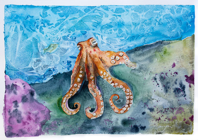 Oktopus, octopus, Aquarell, Kunstwerk, Original, Gemälde, Illustration, Tieraquarell, Meeraqurell, contemporaryart, zeitgenössische Kunst, watercolour, watercolor, aquarela, aquarelle