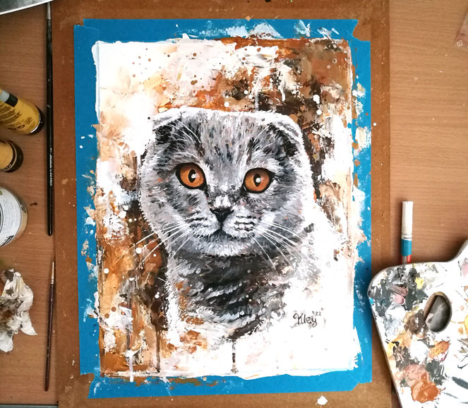 British Shorthair Katzenporträt Acrylfarben gespachtelt auf Spezialpapier Tierportrait von Katze