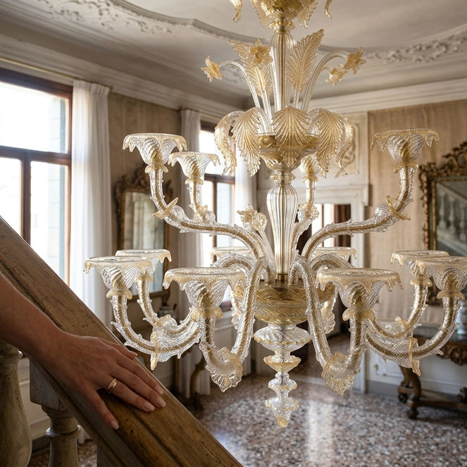 De Librije lampadario in vetro di Murano lavorato a mano con fiori foglie e dettagli oro per sala elegante