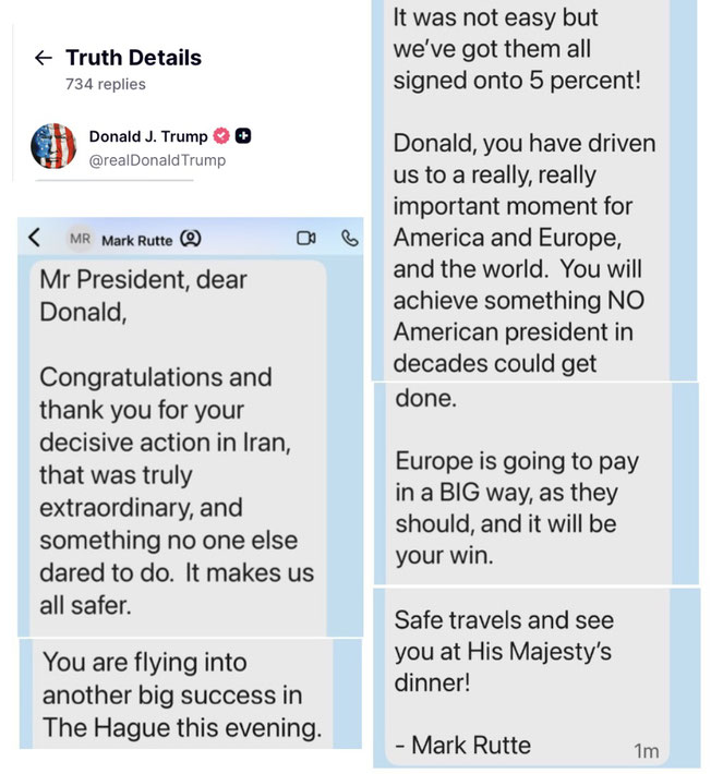 Screenshot vum NATO-Generalsekretär Mark Rutte senger devoter SMS un den US-President Donald Trump.