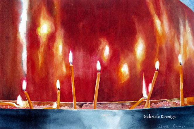 Flammende Gebete. Aquarell von Gabriele Koenigs (2015). Im Passepartout für Bilderrahmengröße 70 cm x 50 cm. Als Original und als Klappkarte erhältlich