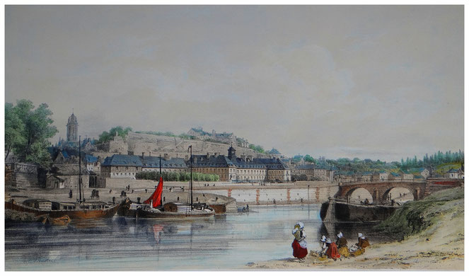 Hôtel-Dieu et château de Pontoise- Vue générale prise des Bords de l'Oise-Souvenir du 26 mai 1857 par Adolphe d'Hastrel. (Lithographie) 