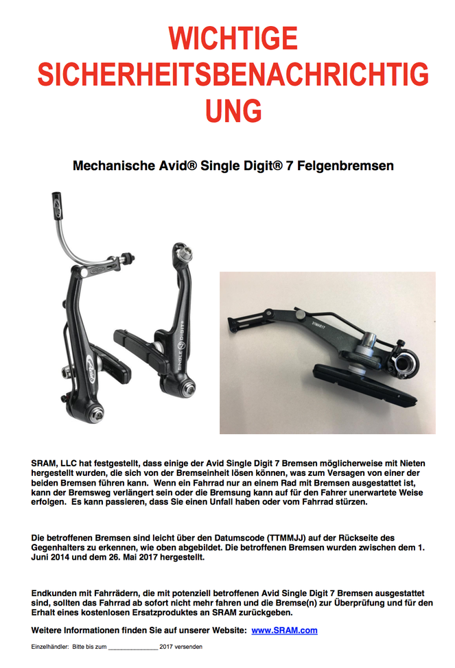 Quelle Rückruf Digit7: E. Wiener Bike Parts GmbH Mail vom 06.10.17