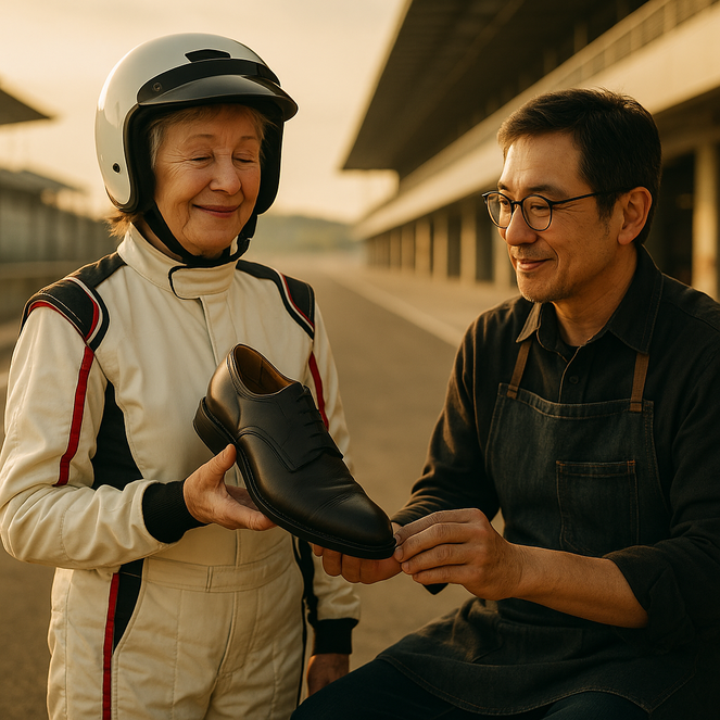 ピットレーンで70代の女性ドライバーを迎える靴職人。夕暮れのサーキットで、人生を共に走るチームとして靴を整備する立川靴工房の象徴的な一枚。