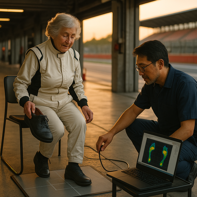 サーキットのピットを模した明るい整備エリアで、70代の女性が歩行分析を受けるシーン。靴職人が足の動きを測定し、靴づくりを通して歩行を整える立川靴工房の姿を表現。