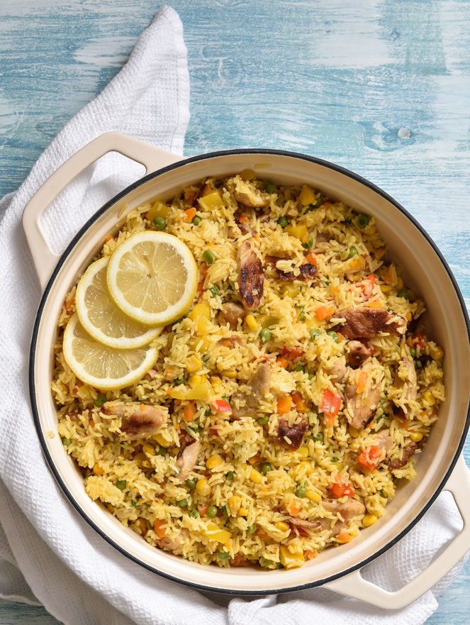 Paella mit Gemüse und Huhn bzw. vegetarisch mit Huhn-Ersatz oder vegan, Thermomix