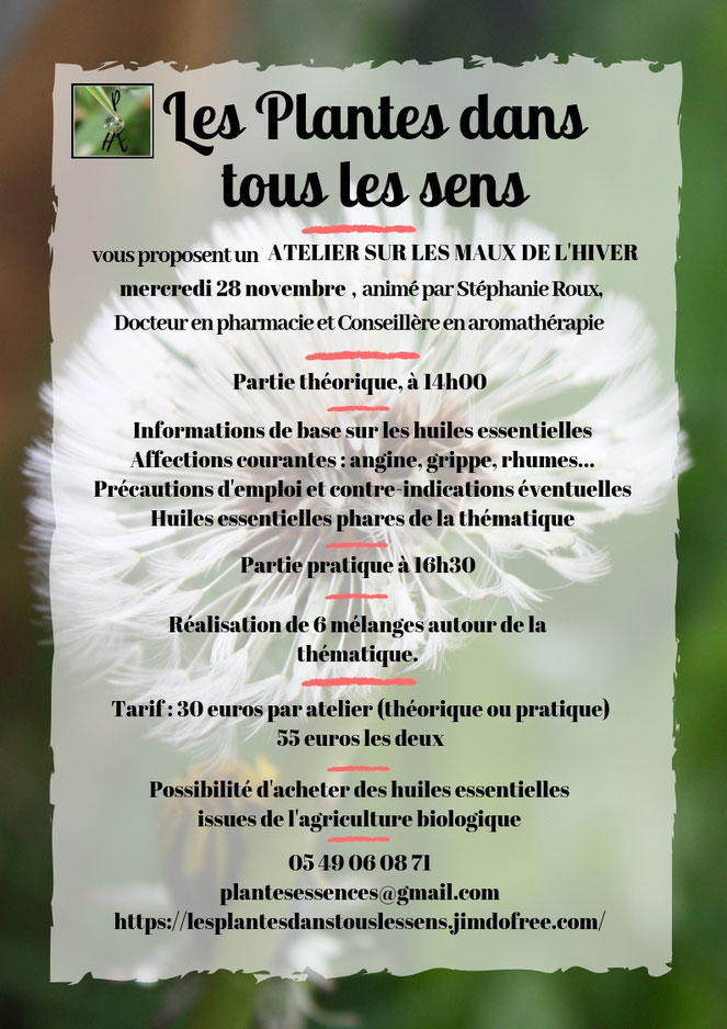 atelier aromathérapie angine, mal de gorge, grippe, otite, sinusite, toux; huiles essentielles adaptées ravintsara, eucaluptus radié, niaouli, pin sylvestre, menthe poivrée,citron, bois de rose, tea-tree, myrte