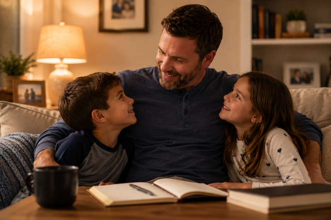 A loving father smiles warmly at his son and daughter as they spend time together in a cozy living room, sharing a joyful family moment at home.