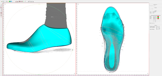 CAD-Leistendesign mit Trittspur und Seitenprofil des Fußes