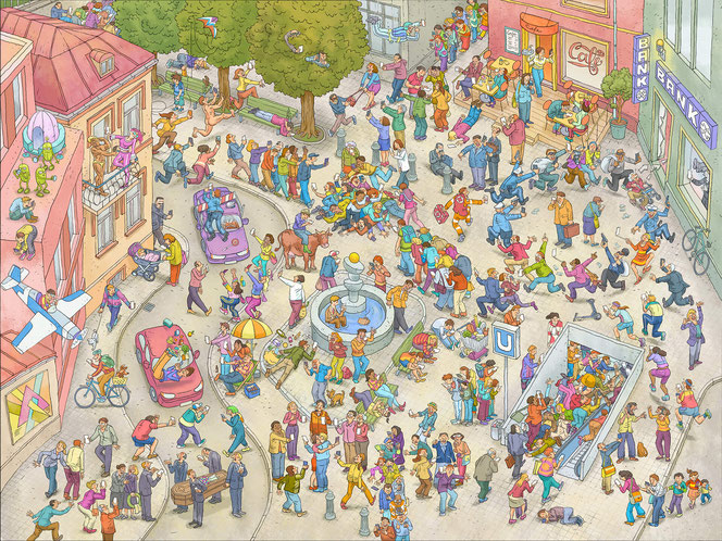 Wimmelbild, Puzzle. "Smartphonia". Kunde: Athesia Verlag, München