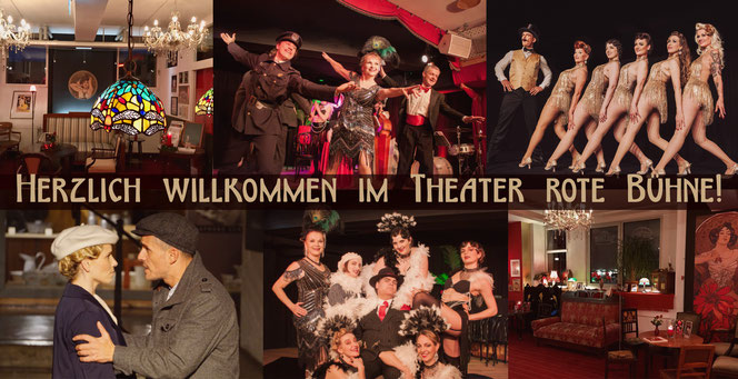 Bildcollage mit Bildern des Theaters und von Eigenproduktionen sowie der Text in goldener Schrift "Herzlich willkommen im Theater rote Bühne!"