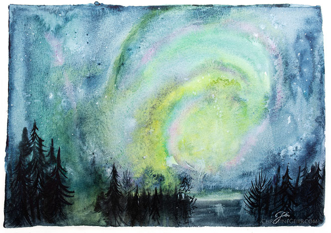 Aquarell Original Nordlichter, Nachthimmel, watercolour painting Original, northern light contemporary art zeitgenössische kunst universum all kosmos sternhimmel Aurora